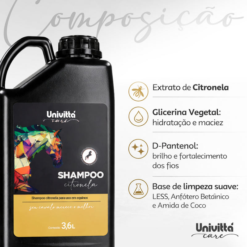 Ritual Conforto Diário Univittá Care - 3 Shampoos Citronela + 1 Condicionador para cavalos 3,6L